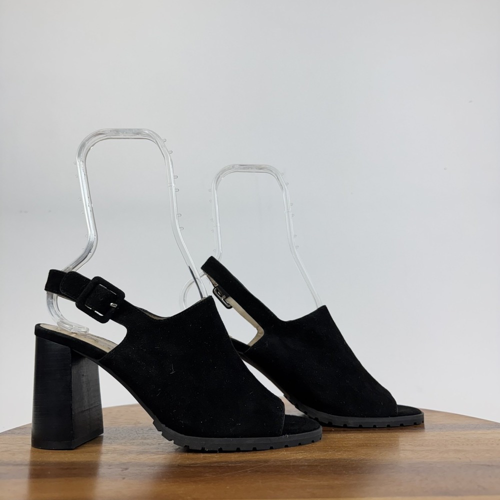 Womens Pelle Moda Ode Black Suede Slingback Peep Toe Heeled Sandals Size 8 M GUC